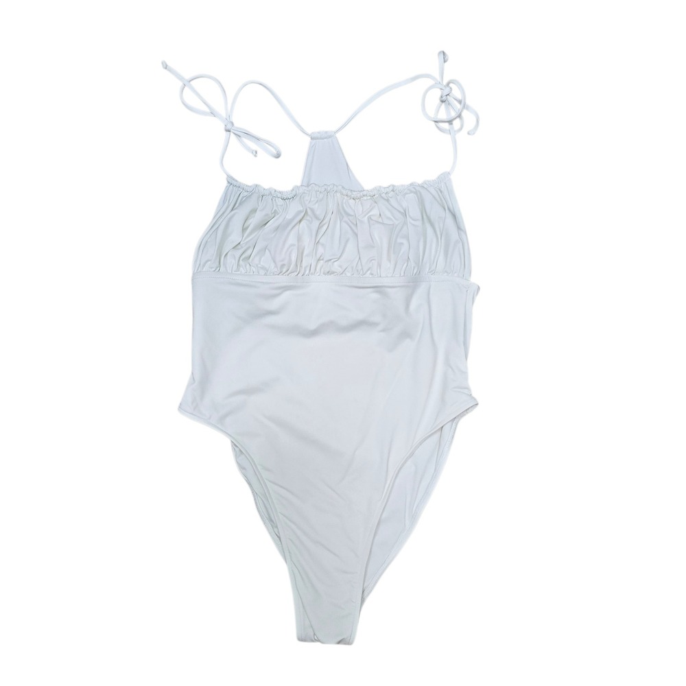 Frankies Bikinis White Ruched Halter One Piece Swimsuit Medium